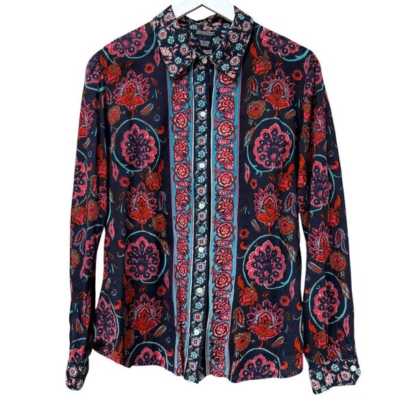 Lucky Brand Shirt Size M/L Women's Navy Boho Print Long Sleeve Joan Button Up - Picture 1 of 8